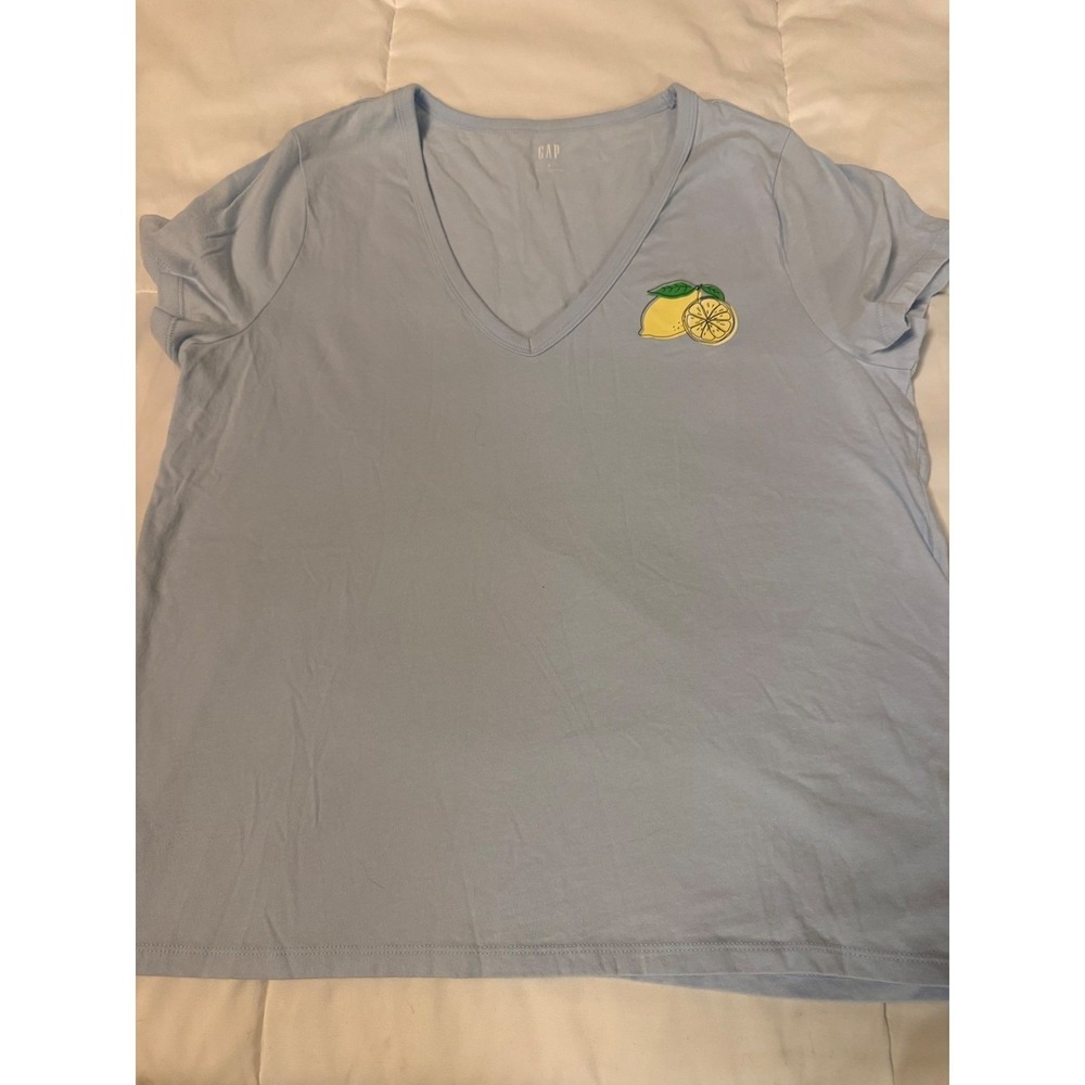 GAP Womens Light Blue Lemon Graphic V-Neck Short Sleeve T-Shirt Size L